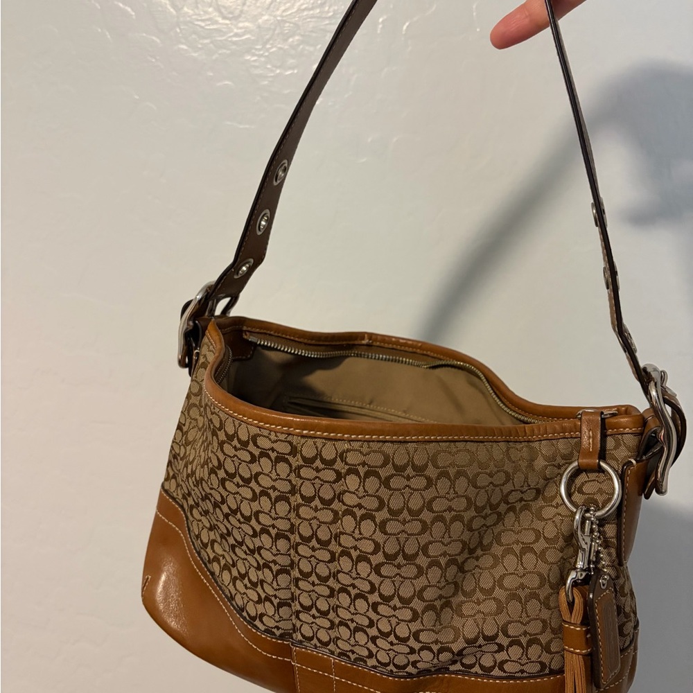 Coach Brown and Tan Signature Shoulder Bag